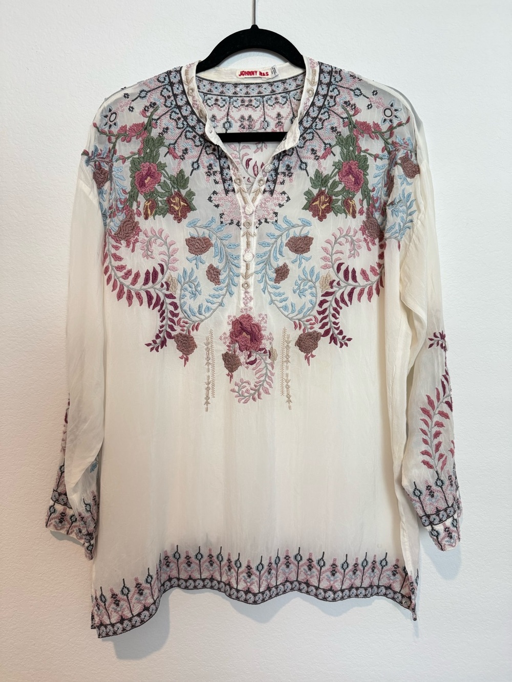 Johnny Was Embroidered Floral Long Sleeve Boho Western Tunic Blouse Top